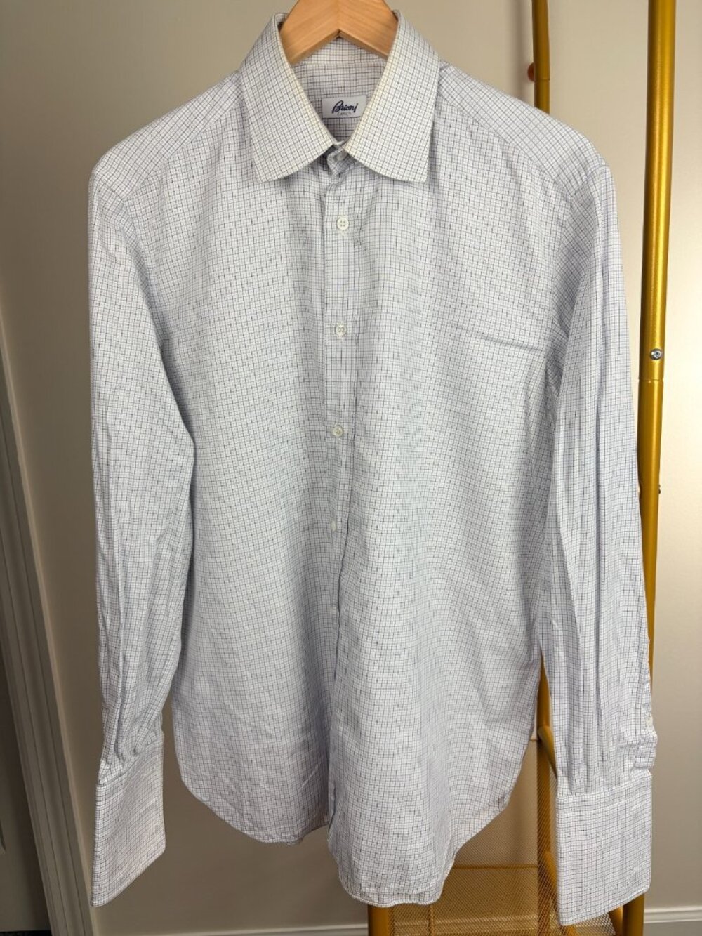 BRIONI White & Blue Check ***FRENCH CUFF*** Dress Shirt 15 1/2 33/34